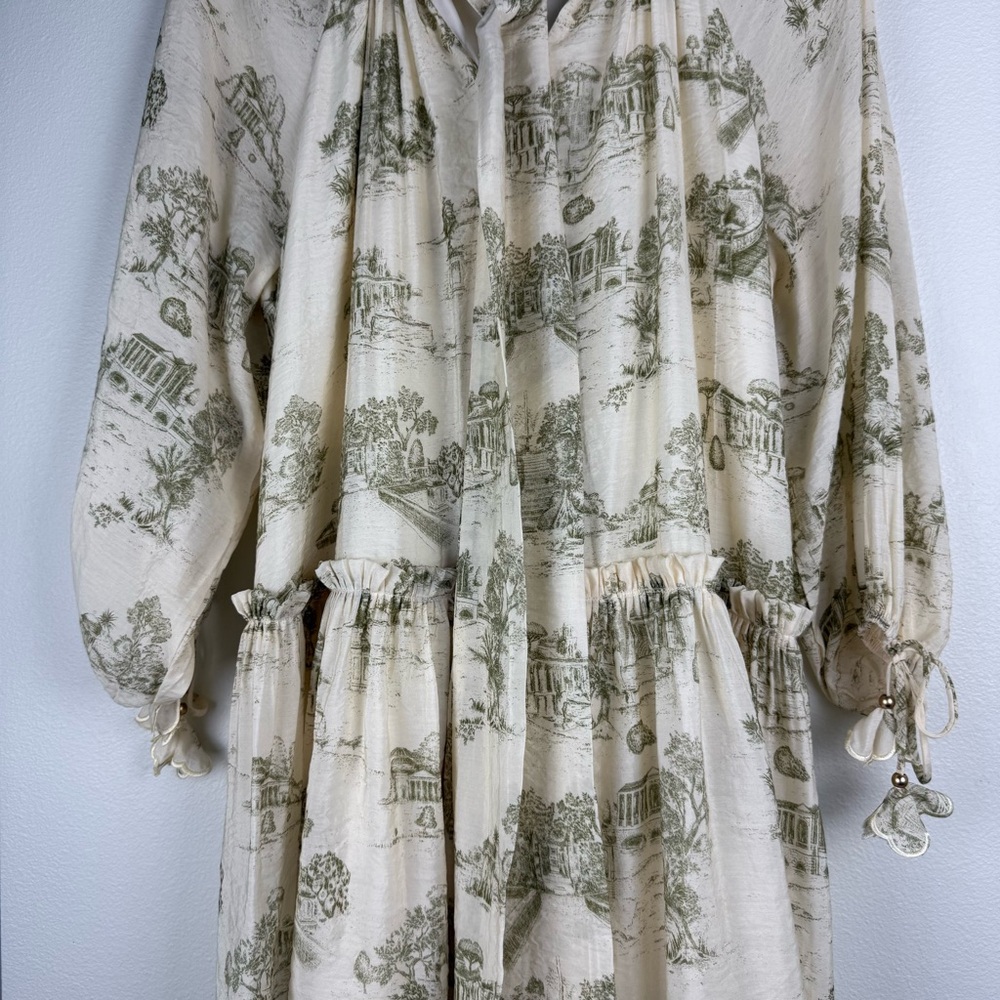 En Saison Cream Olive Leighton Toile Minidress Printed Long Sleeve Size Medium - Picture 9 of 16